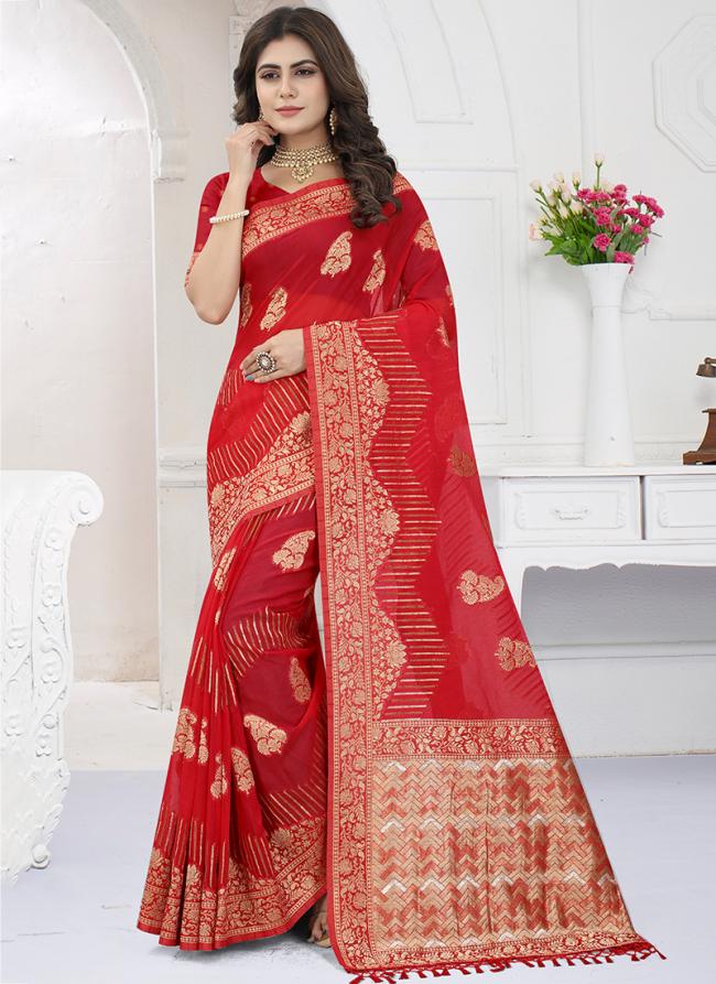 Red Viscose Organza Festival Wear Weaving Saree