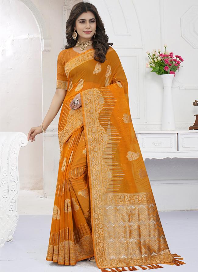 Yellow Viscose Organza Festival Wear Weaving Saree