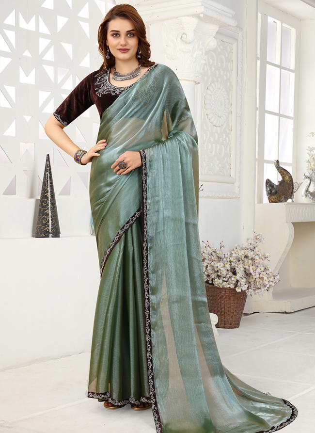 Firozi Organza Party Wear Zarkan Work Saree