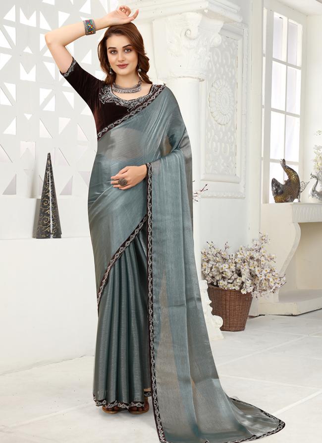 Grey Organza Party Wear Zarkan Work Saree