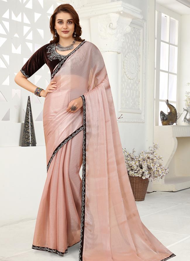 Peach Organza Party Wear Zarkan Work Saree