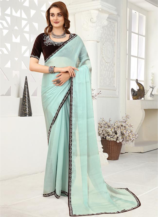 Turquoise Blue Organza Party Wear Zarkan Work Saree