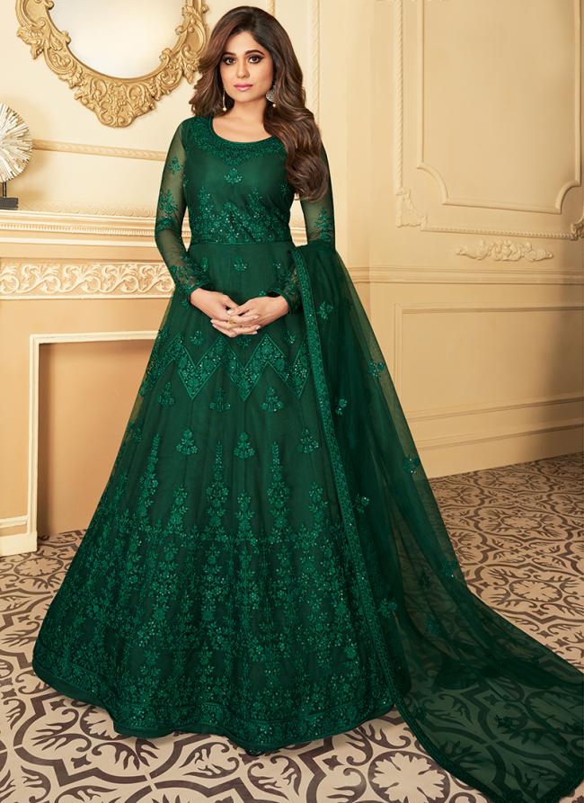 Green Net Eid Wear Embroidery Work Anarkali Suit