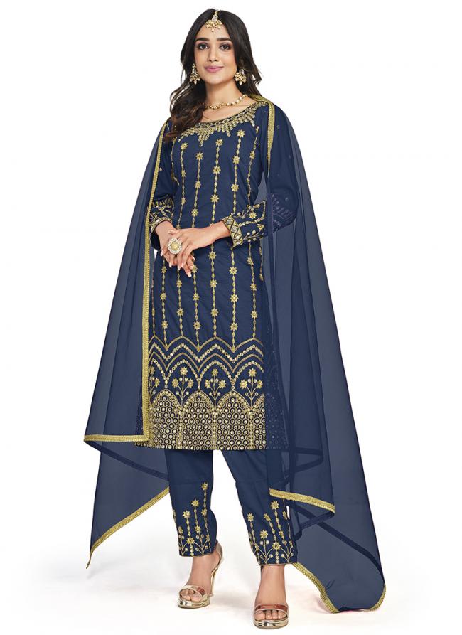 Blue Soft Silk Eid Wear Mirror Work Salwar Suit