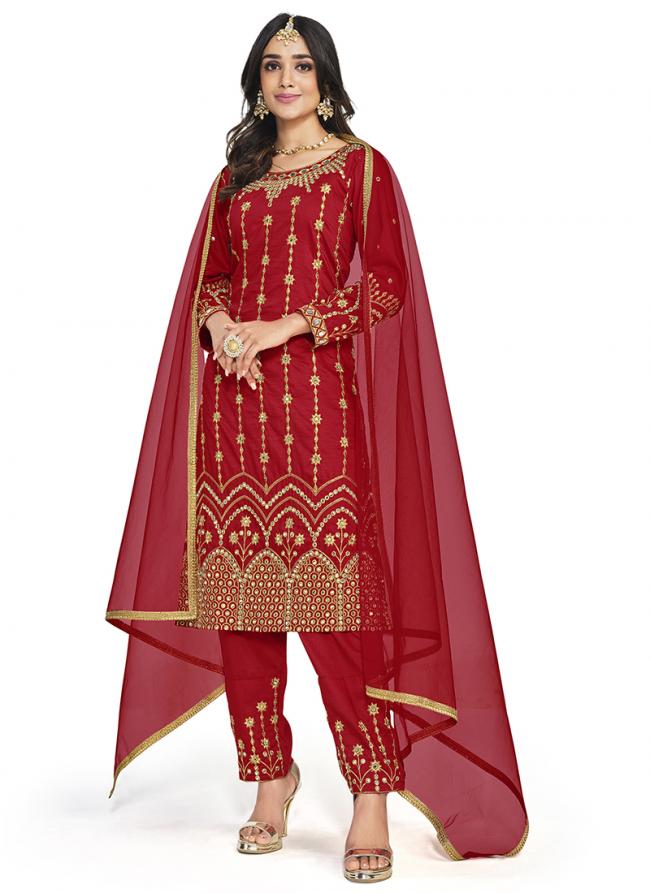 Red Soft Silk Eid Wear Mirror Work Salwar Suit