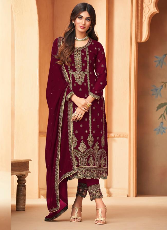 Maroon Faux Georgette Eid Wear Thread Work Salwar Suit