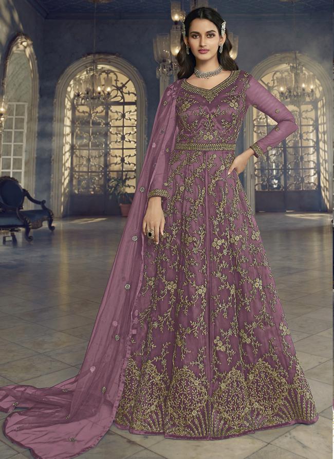 Purple Net Party Wear Embroidery Work Anarkali Suit