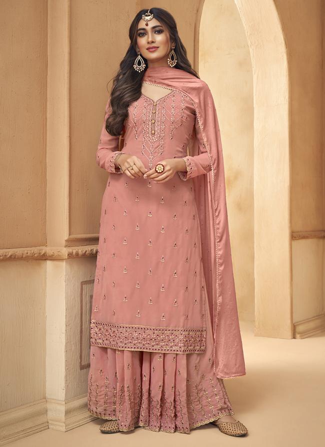 Light Pink Faux Georgette Eid Wear Embroidery Work Sharara Suit