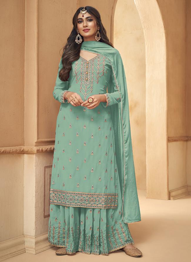 Turquoise Blue Faux Georgette Eid Wear Embroidery Work Sharara Suit
