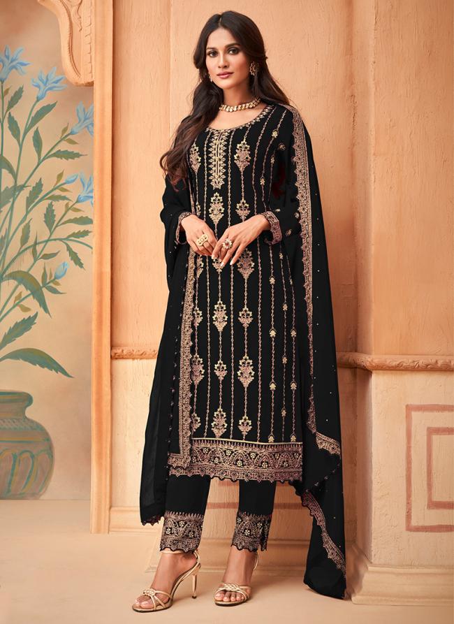 Black Faux Georgette Traditional Wear Thread Work Salwar Suit