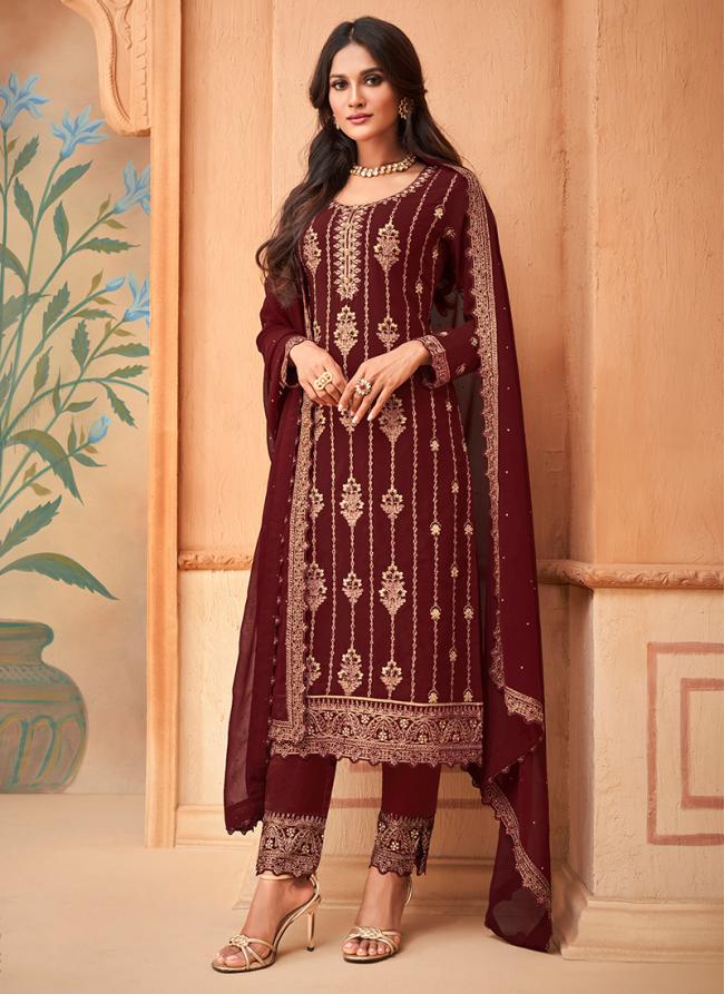 Maroon Faux Georgette Traditional Wear Thread Work Salwar Suit