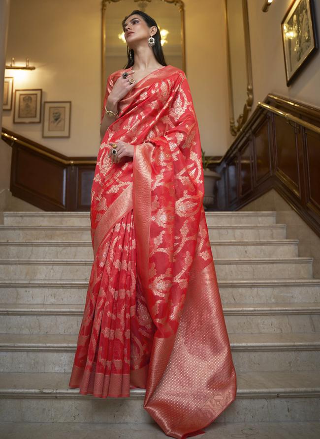 Red Organza Festival Wear Weaving Saree