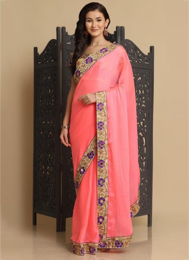 Pink Chiffon Casual Wear Embroidery Work Saree