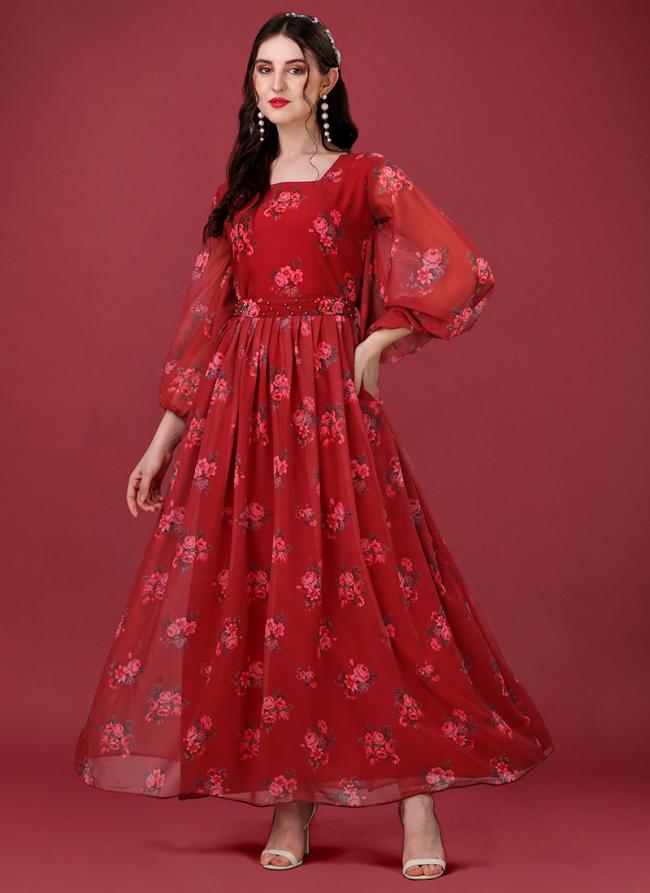 Red Faux Georgette Party Wear Digital Printed Gown