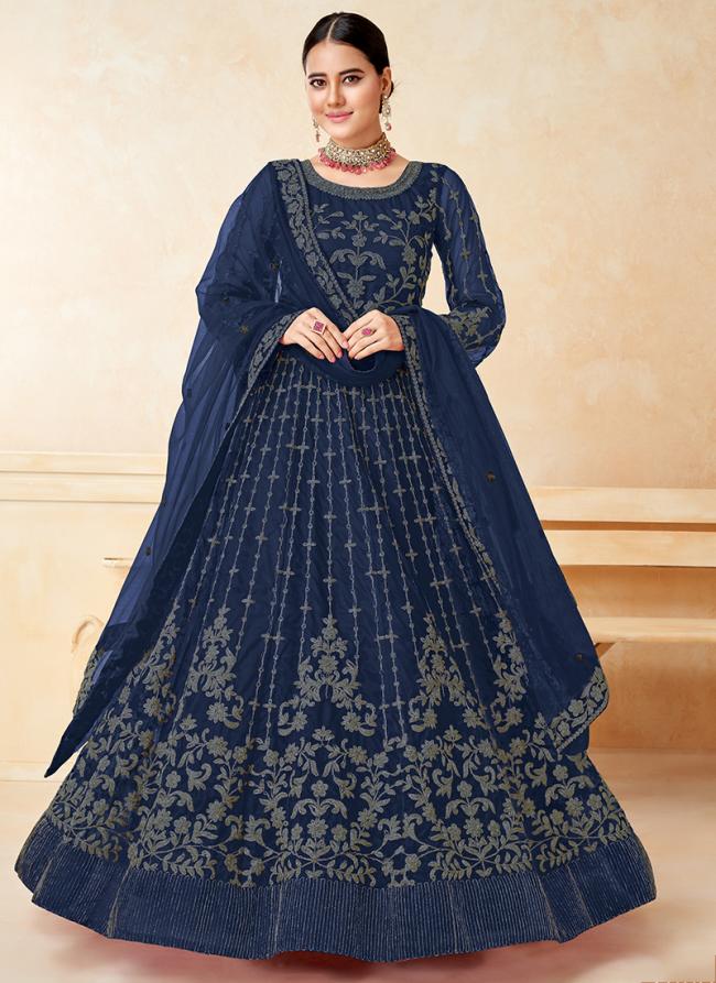 Navy Blue Net Wedding Wear Embroidery Work Anarkali Suit