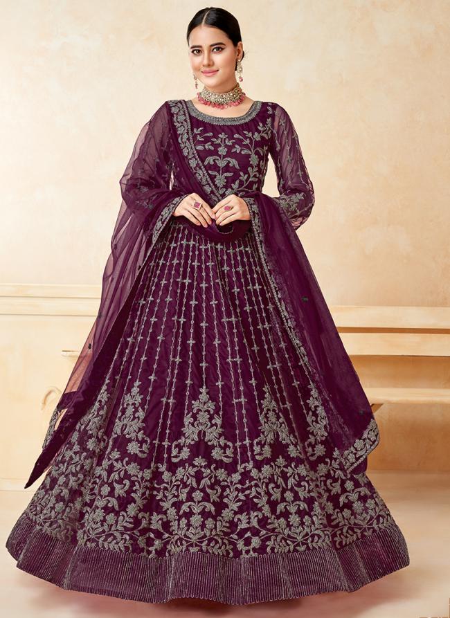 Wine Net Wedding Wear Embroidery Work Anarkali Suit