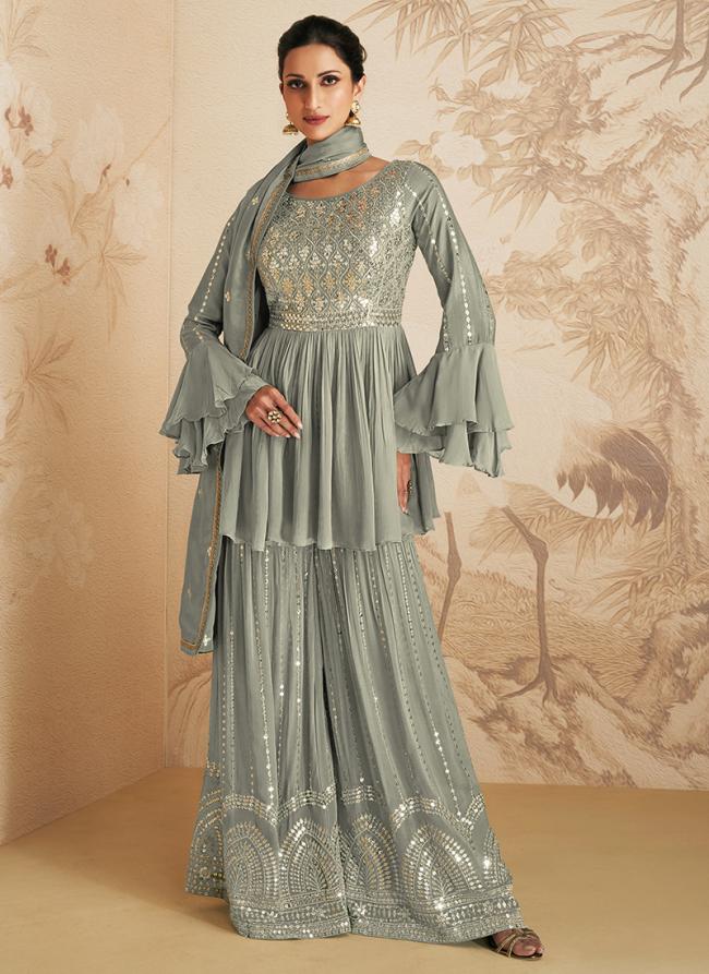 Grey Chinnon Eid Wear Sequins Work Sharara Suit