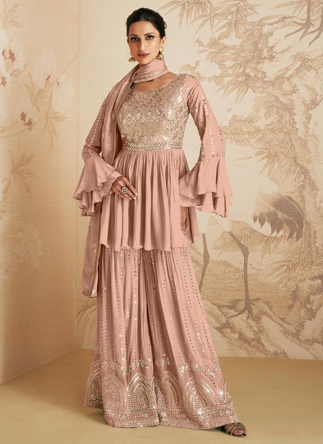 Pink Chinnon Eid Wear Sequins Work Sharara Suit