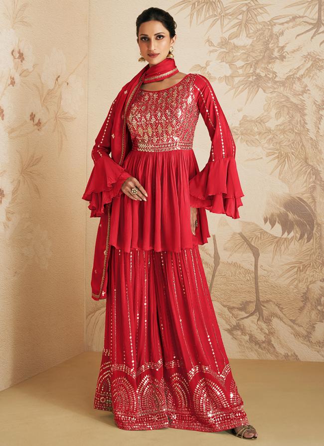 Red Chinnon Eid Wear Sequins Work Sharara Suit