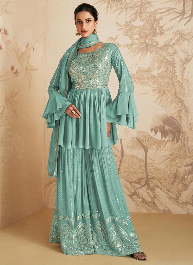 Sky Blue Chinnon Eid Wear Sequins Work Sharara Suit