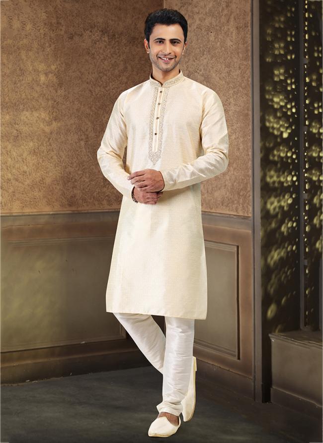Cream Jacquard Banarasi Silk Festival Wear Thread Work Kurta Pajama