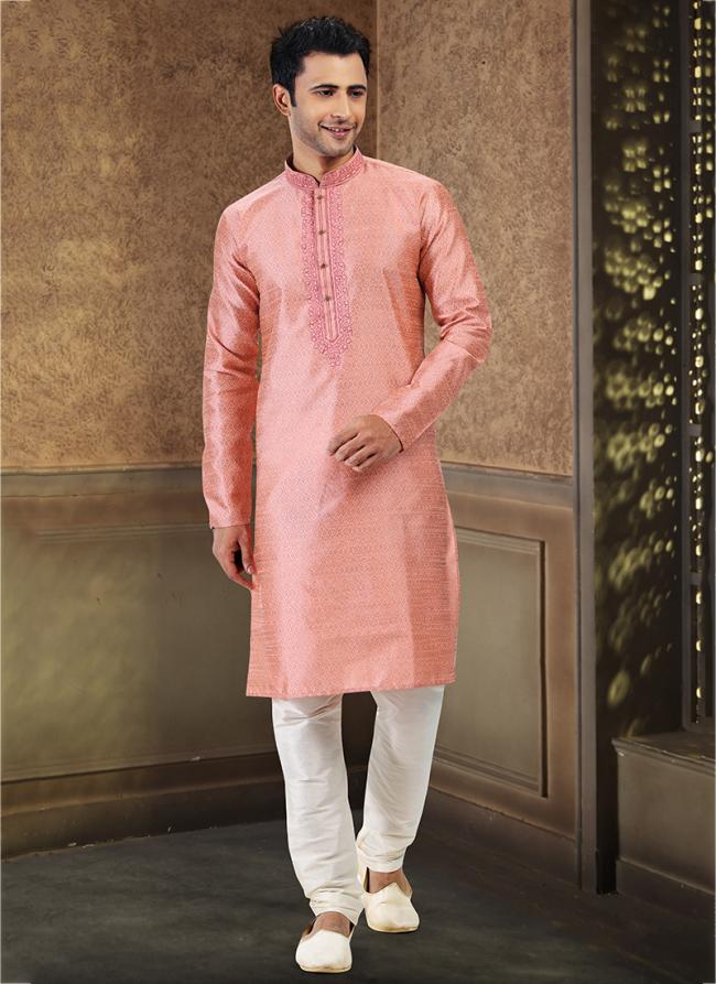 Dark Pink Jacquard Banarasi Silk Festival Wear Thread Work Kurta Pajama