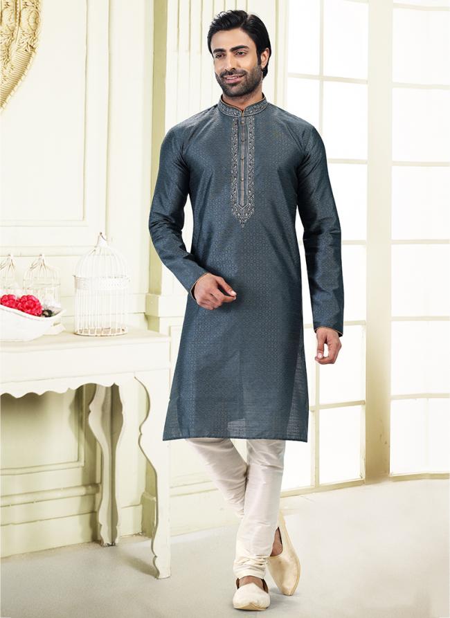 Grey Jacquard Banarasi Silk Festival Wear Thread Work Kurta Pajama