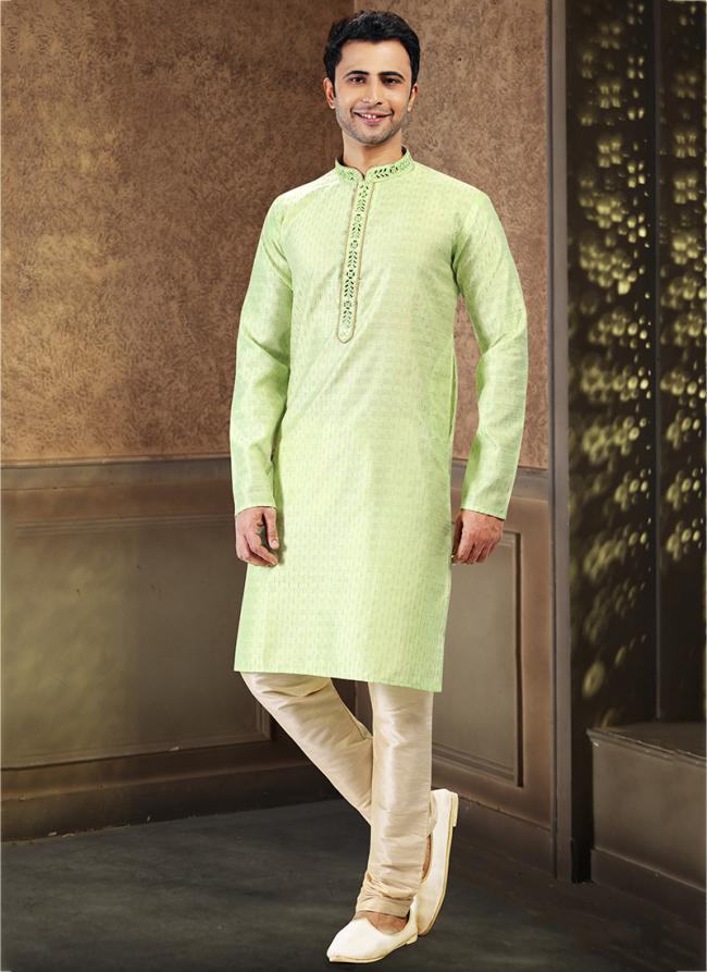 Pista green Jacquard Art Silk Festival Wear Thread Work Kurta Pajama