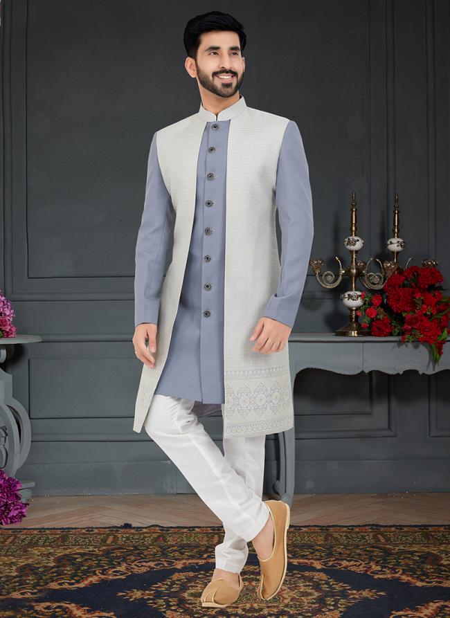 Stone Grey Off White  Jecquard Traditional Wear Weaving Italian Indo Western