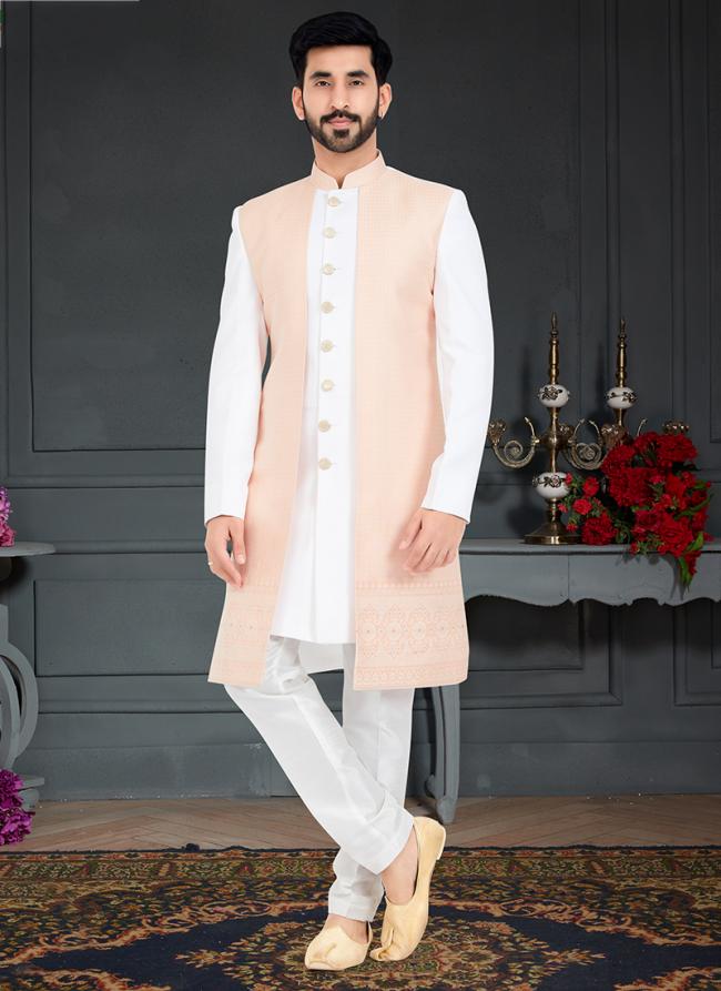 Peach White  Jecquard Traditional Wear Weaving Italian Indo Western