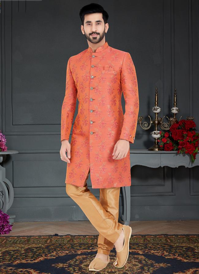Orange  Jecquard Traditional Wear Weaving Nawabi Indo Western