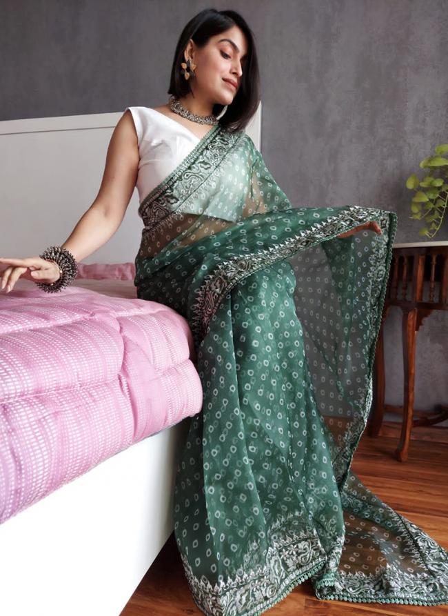 Green Organza Party Wear Embroidery Work Saree