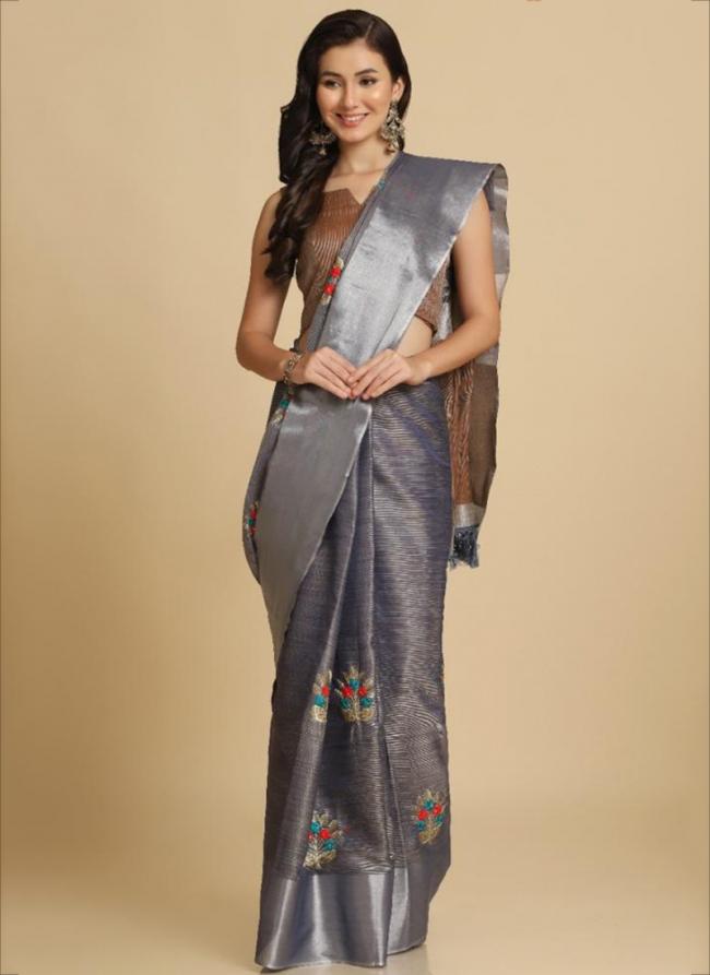 Grey Cotton Shimmer Party Wear Embroidery Work Saree