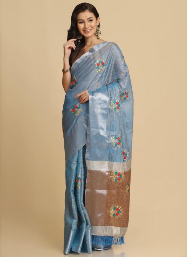 Light Blue Cotton Shimmer Party Wear Embroidery Work Saree