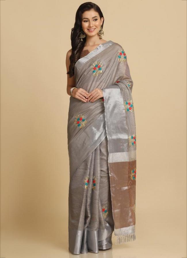 Light Grey Cotton Shimmer Party Wear Embroidery Work Saree