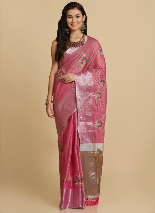 Pink Cotton Shimmer Party Wear Embroidery Work Saree