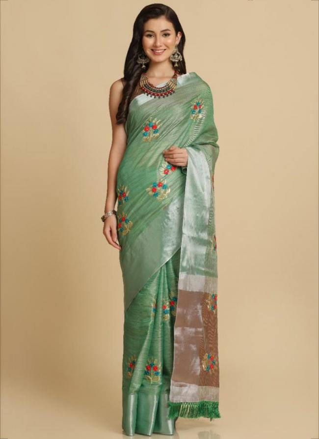 Pista green Cotton Shimmer Party Wear Embroidery Work Saree