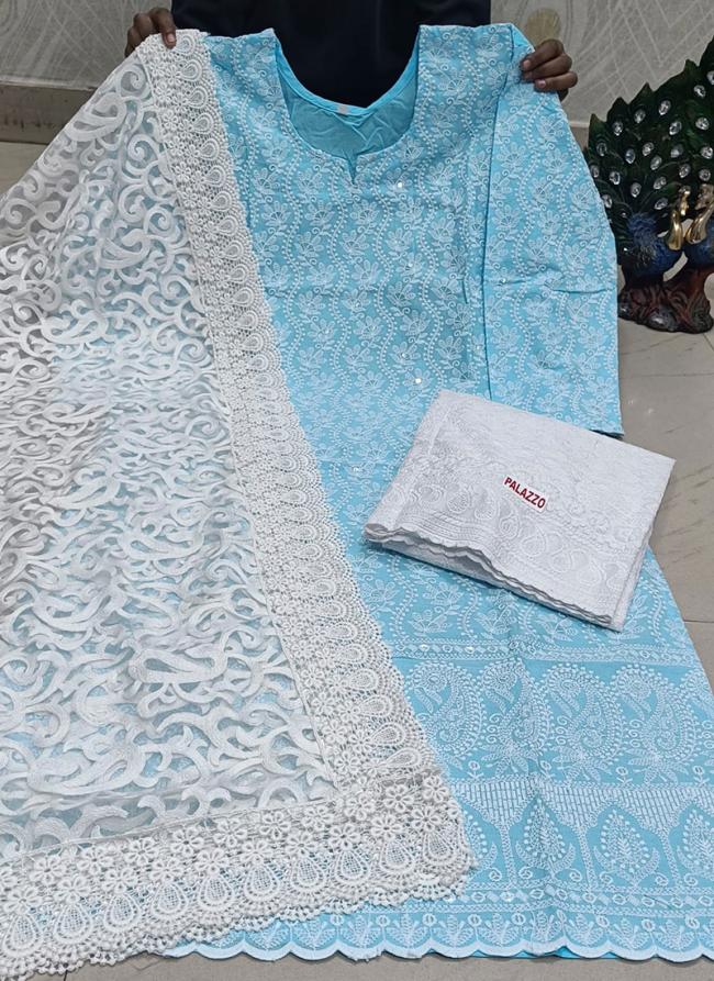 Sky Blue Cotton Traditional Wear Lucknowi Work Readymade Salwar Suit