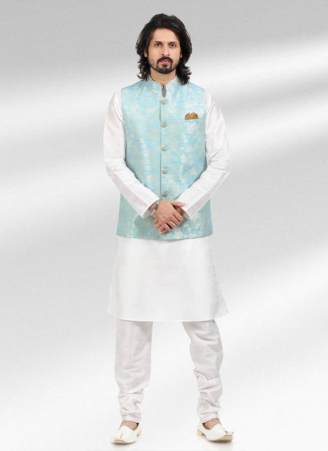 Blue Banarasi Silk Traditional Wear Jacquard Kurta Pajama With Jacket