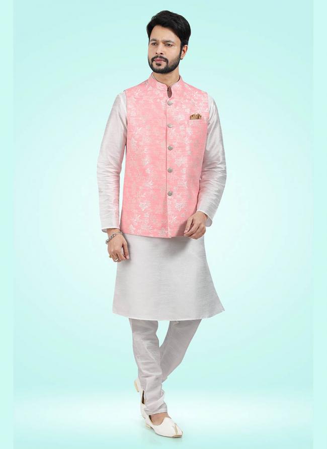 Pink Banarasi Silk Traditional Wear Jacquard Kurta Pajama With Jacket