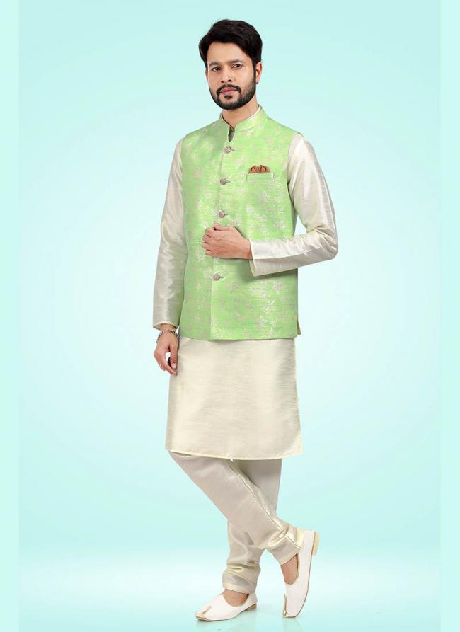 Pista green Banarasi Silk Traditional Wear Jacquard Kurta Pajama With Jacket
