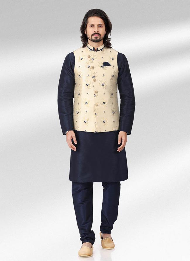 Cream Banarasi Silk Traditional Wear Jacquard Kurta Pajama With Jacket