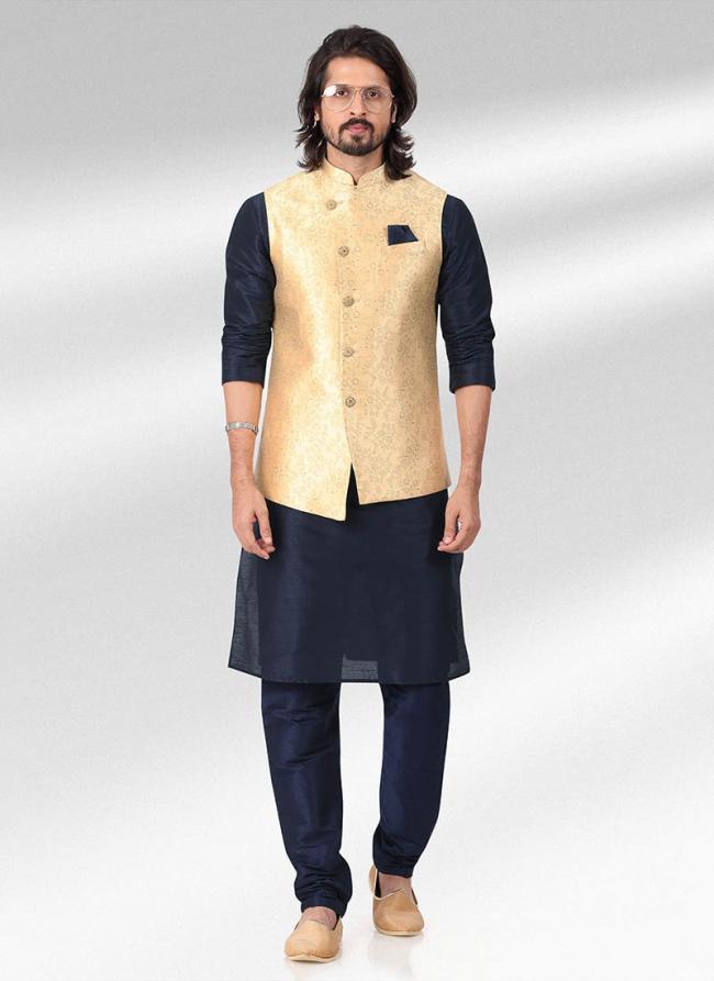Gold Banarasi Silk Traditional Wear Jacquard Kurta Pajama With Jacket