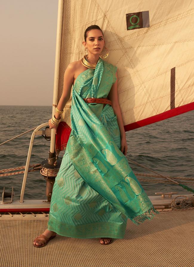 Teal Nylon Satin Festival Wear Weaving Saree