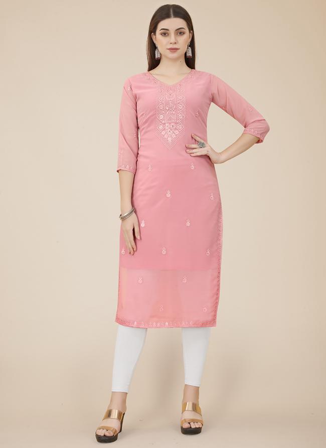 Pink Georgette Daily Wear Embroidery Work Kurti