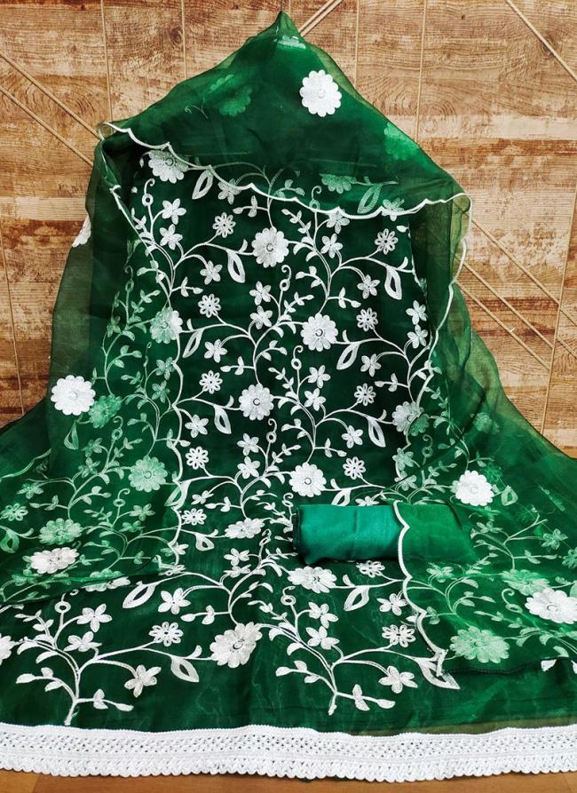 Bottle Green Organza Traditional Wear Thread Work Dress Material