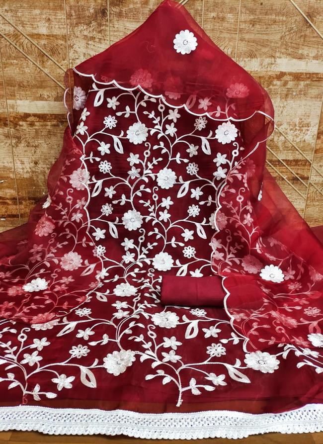 Maroon Organza Traditional Wear Thread Work Dress Material