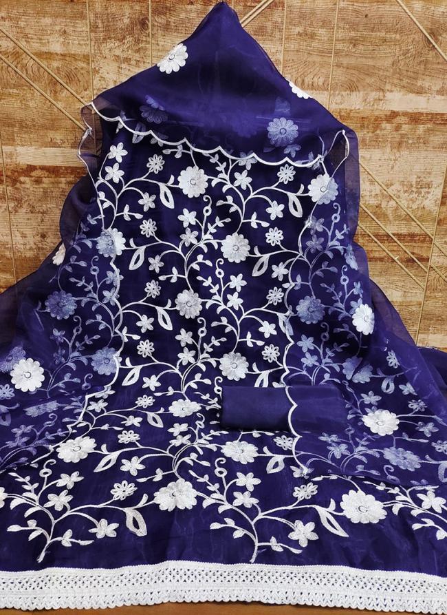 Navy Blue Organza Traditional Wear Thread Work Dress Material