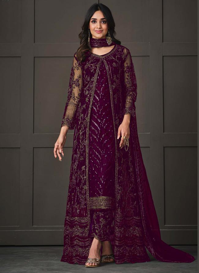 Wine Net Wedding Wear Sequins Work Salwar Suit
