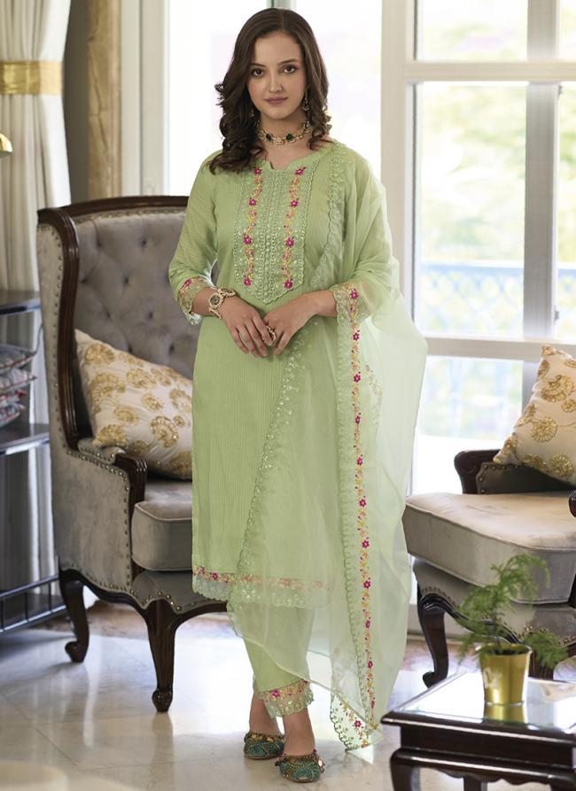 Pista Green Pure Cotton Traditional Wear Embroidery Work Readymade Salwar Suit